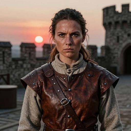 Photograph-style CGI of a determined, dirty-faced woman with brown hair in a leather vest, standing in a medieval castle courtyard at sunset.