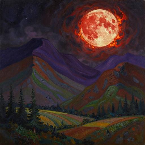 Expressionist Fiery Red Moon Landscape