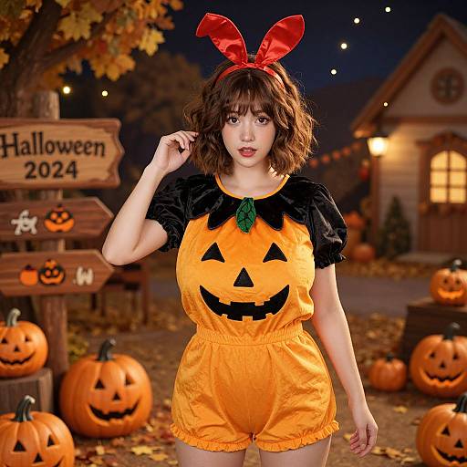 Photograph-style digital image of a fair-skinned woman with wavy brown hair, wearing a red bow, orange pumpkin jumpsuit with black shirt,