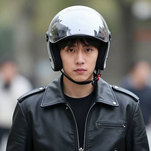 Photograph of an Asian man with fair skin, black leather jacket, and shiny chrome helmet, standing outdoors with blurred background.