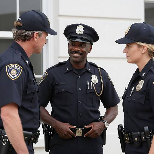 Police Officers Posing Outside White Building