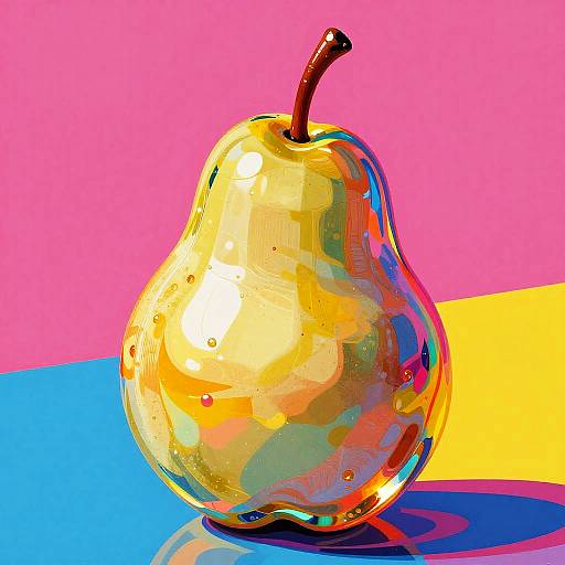 Digital artwork of a shiny, multicolored pear with a brown stem, set against a vibrant pink, yellow, and blue background.