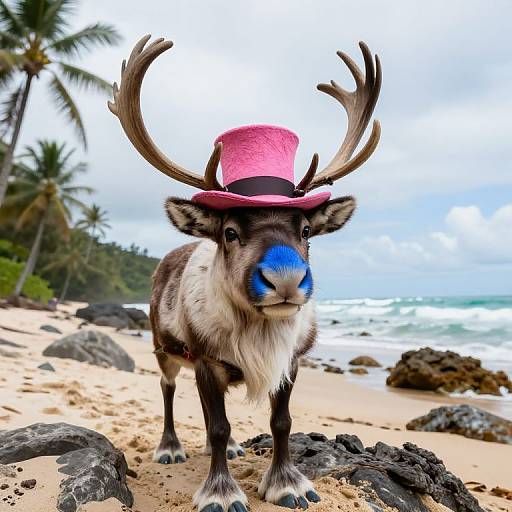 Photograph of a reindeer with blue nose wearing a pink top hat standing on a tropical beach with palm trees and ocean waves in the background.