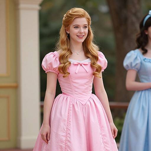 Photograph of a young woman with long, wavy red hair wearing a pink, puffed-sleeve, Victorian-style dress, smiling outdoors,