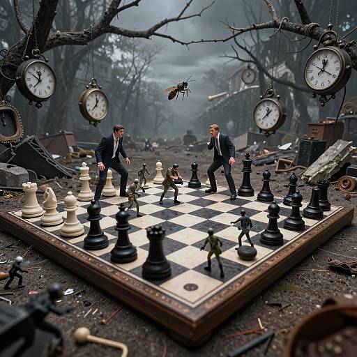 Photograph of surreal chess match in abandoned, clock-filled forest; two men in suits play black-and-white chess pieces amidst debris and hanging clocks.