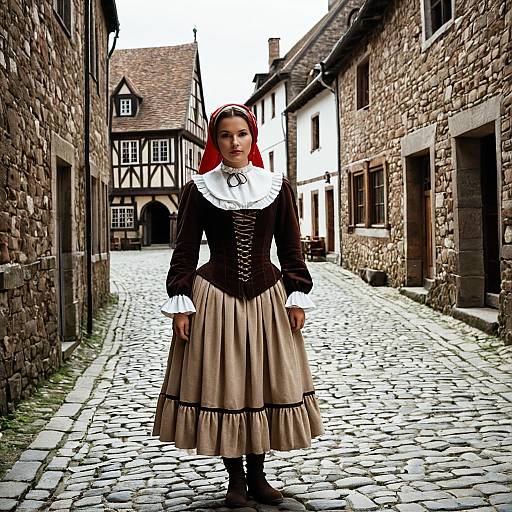 Young Woman in French Medieval Costume on Cobblestone Street