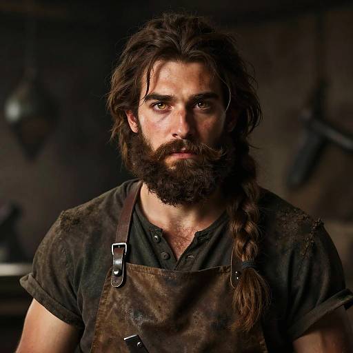 Photograph of a rugged bearded man with long dark hair in a braid, wearing a dirty black shirt and brown leather apron, looking intensely