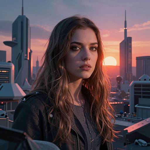 Photorealistic digital artwork: A young woman with wavy brown hair and intense gaze stands against a futuristic cityscape at sunset, wearing a dark jacket