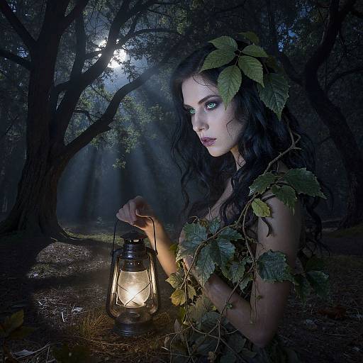 Photograph of a pale-skinned woman with dark, wavy hair, adorned with leaves, holding a glowing lantern in a moonlit, dark forest