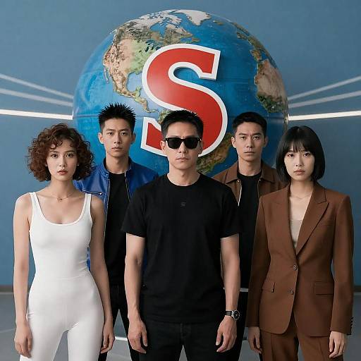 Serious Group Portrait with Globe Background