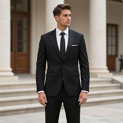 Photograph of a handsome, light-skinned man with short brown hair, wearing a black suit, white shirt, and black tie, standing in front