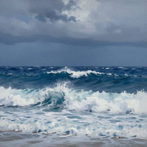 Digital painting of turbulent blue ocean waves crashing against a sandy shore under a cloudy, gray sky with white foam.