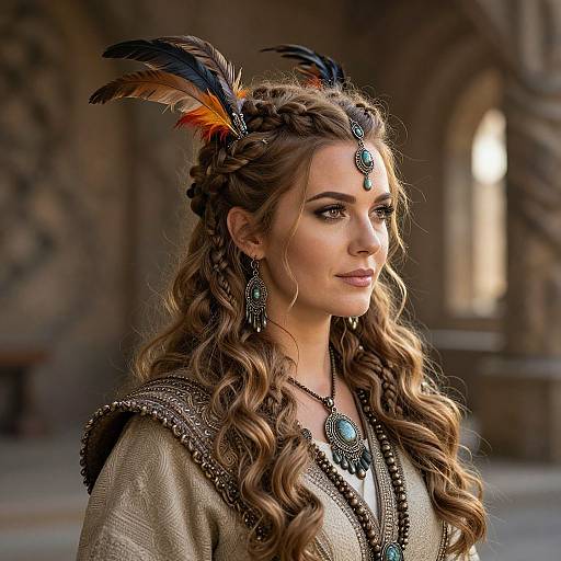 Photograph of a fair-skinned woman with long, wavy brown hair, braided crown, feathered headpiece, and intricate jewelry, wearing