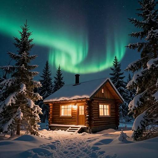 Photograph of a wooden cabin in a snowy forest at night, illuminated by warm interior light, with vibrant green Northern Lights overhead.