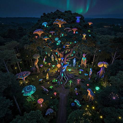 Photograph of a vibrant, illuminated forest at night featuring colorful, bioluminescent mushrooms and trees, with glowing lights and aurora in the background