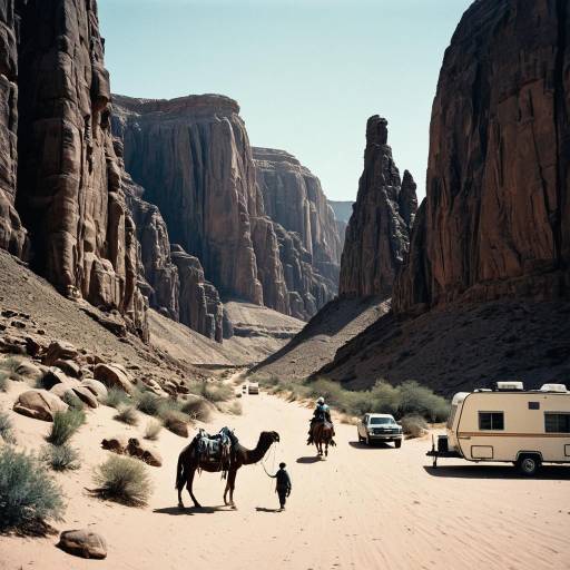 Desert Canyon with Caravan and Rock Formations