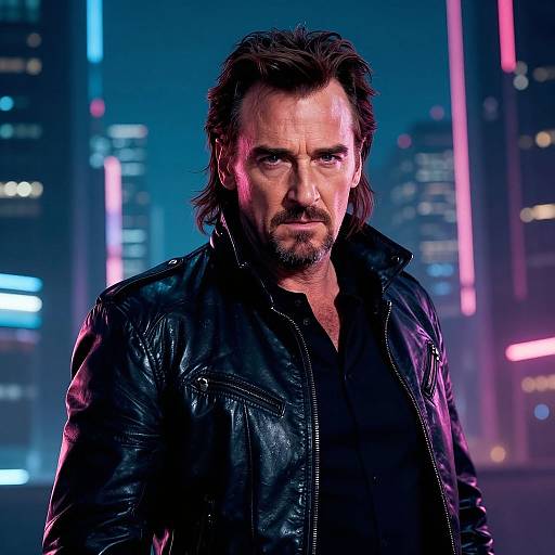 Photograph of a rugged, middle-aged man with a beard and intense expression, wearing a black leather jacket, standing against a neon-lit cityscape