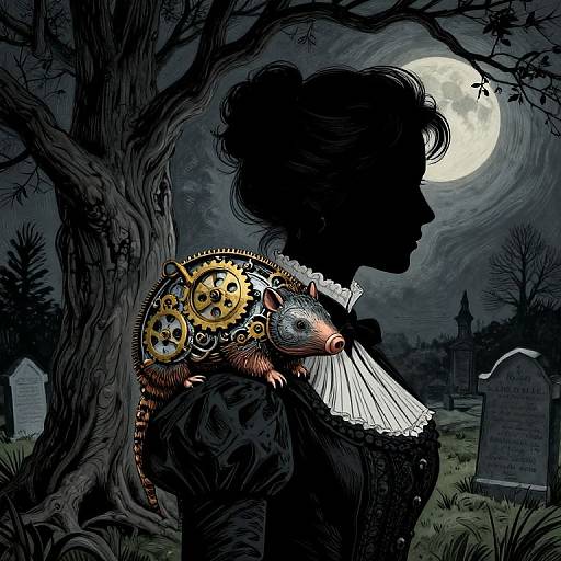 Digital illustration: Silhouetted woman with a clockwork opossum shoulder piece, moonlit graveyard, bare trees, Gothic attire, intricate gears