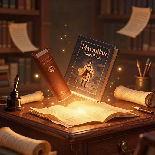 Magical library scene: glowing book, open pages, enchanted 
