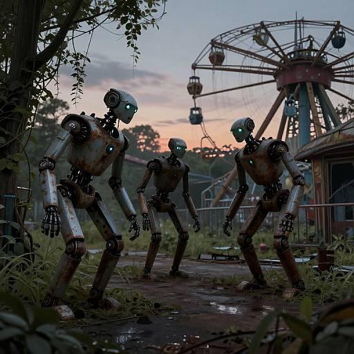 Photograph-style CGI of three glowing, metallic robot figures standing on a wet, overgrown path with a rusty amusement park ride and sunset sky in the