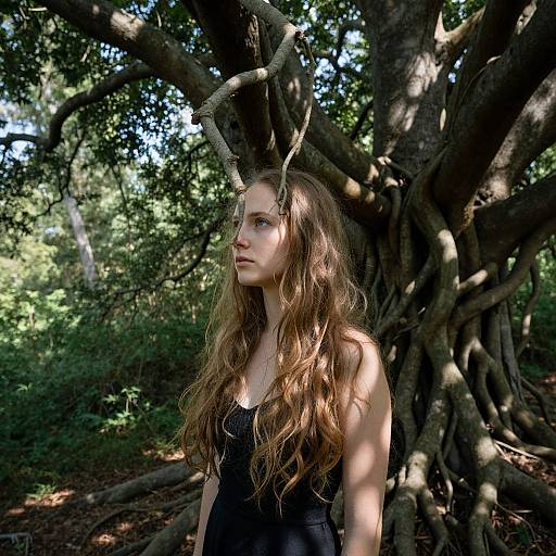 Photograph of a young woman with long, wavy brown hair, wearing a black dress, standing in front of a large, twisted tree in a