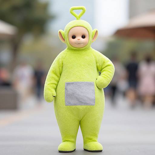 Photograph of a child in a bright yellow, plush monkey costume with a silver patch, standing outdoors in a blurred urban setting.