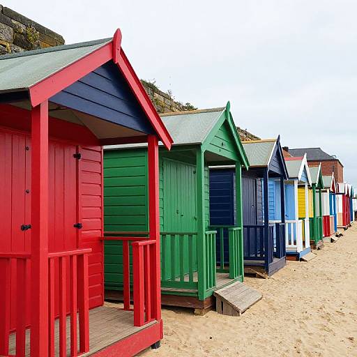 Photograph of a row of colorful wooden beach huts, featuring red, green, blue, and yellow, with sandy foreground and rocky hill background.
