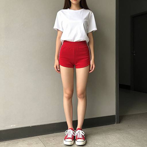 Photograph of an Asian woman with long black hair, wearing a white t-shirt, red high-waist shorts, and red sneakers, standing against