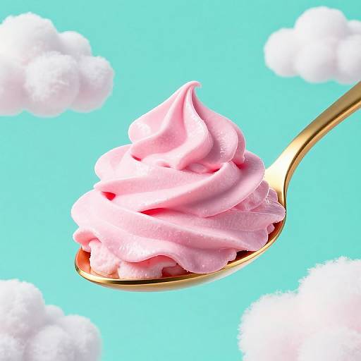 Photograph of pink whipped cream swirled on a gold spoon against a bright turquoise sky with fluffy white clouds.