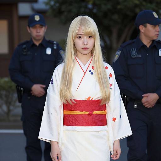 Photograph of a young Asian girl with long blonde hair in a white kimono with red and blue floral patterns, standing in front of two uniformed