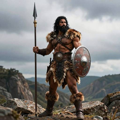 Photograph of a muscular, bearded warrior with dark hair, wearing fur and leather armor, holding a spear and round shield, standing on rocky mountain