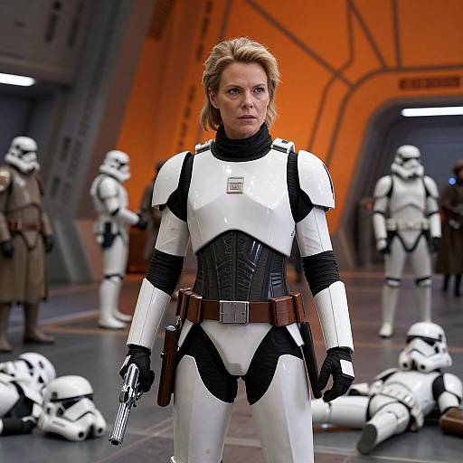 Photograph of a blonde woman in white and black Star Wars-inspired armor, holding a blaster, standing in a futuristic orange-lit room with Storm