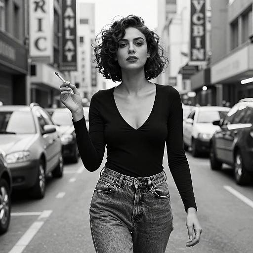 Black-and-white photograph of a curly-haired woman in a deep V-neck black top and high-waisted jeans, smoking a cigarette, walking down a