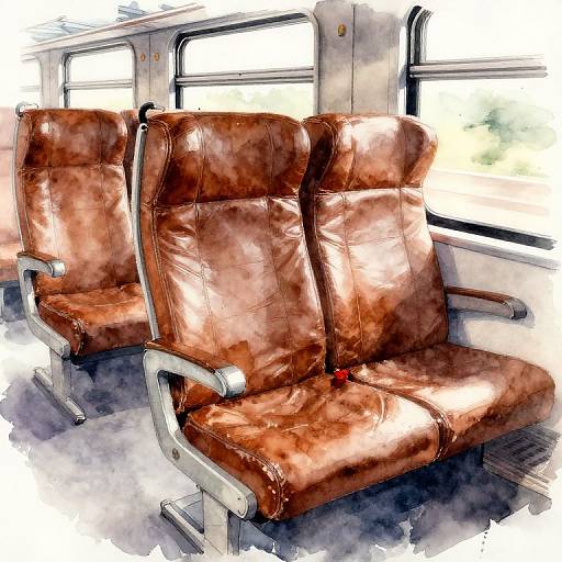 Watercolor-style digital drawing of three worn, brown leather train seats with metal armrests, positioned in a brightly lit carriage.