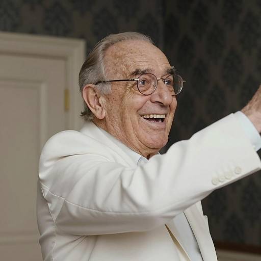 Smiling Elderly Man in White Suit