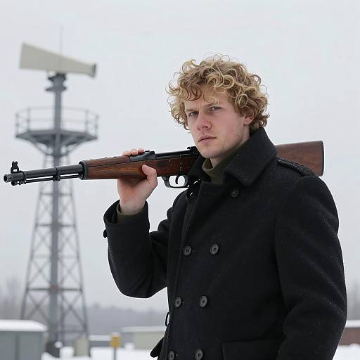 Determined Man with Rifle in Snowy Scene