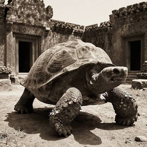 Sepia-toned photograph of a large, textured tortoise with rough, scaly skin and a dome-shaped shell, standing in front of ancient,