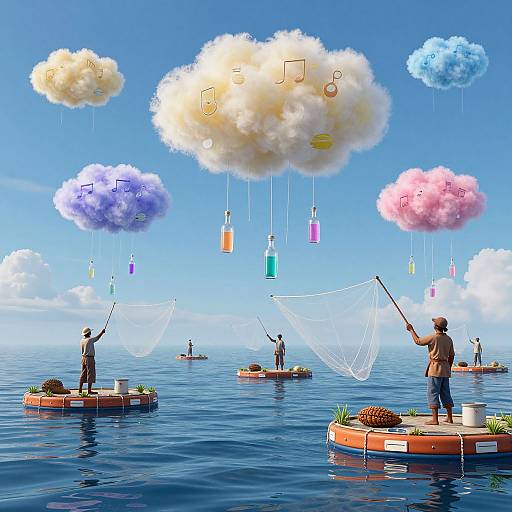 Digital illustration of two fishermen on floating platforms, casting nets at colorful, music-note-filled clouds, with bottles hanging from them, against a bright blue sky