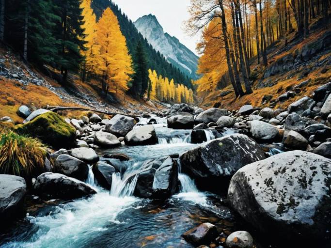 Vibrant Mountain Stream in Lush Forest