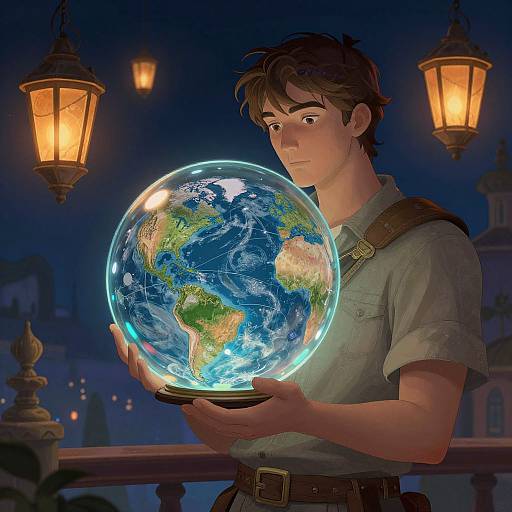 Digital illustration of a young man with brown hair, wearing a light blue shirt and brown strap, holding a glowing, illuminated Earth globe in a nighttime,