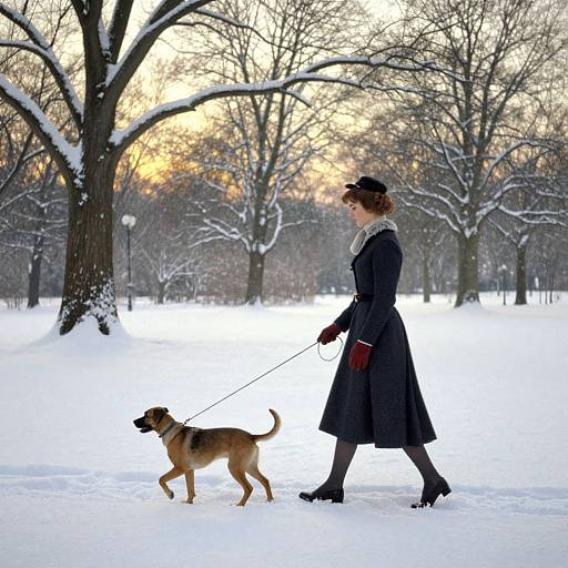 Photograph of a woman in a black coat and hat, holding a leash for a brown dog, walking in a snow-covered park at sunset.