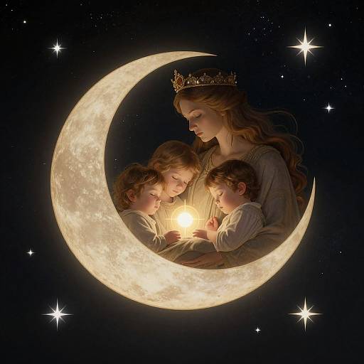 Digital illustration of a crowned queen with long brown hair, holding a candle, surrounded by three children inside a glowing crescent moon, against a starry
