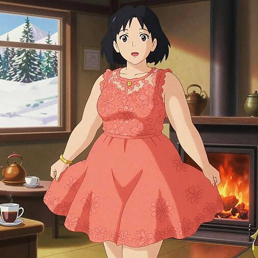 Plus-Size Woman in Coral Skater Dress by Fireplace