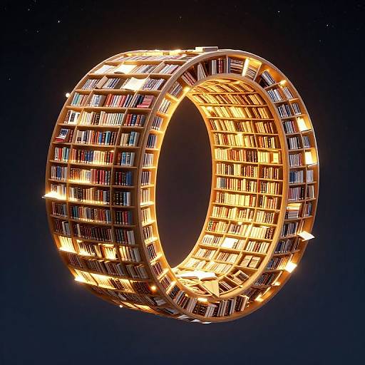 Photograph of a glowing, circular bookshelf filled with illuminated books, floating against a dark, starry night sky.