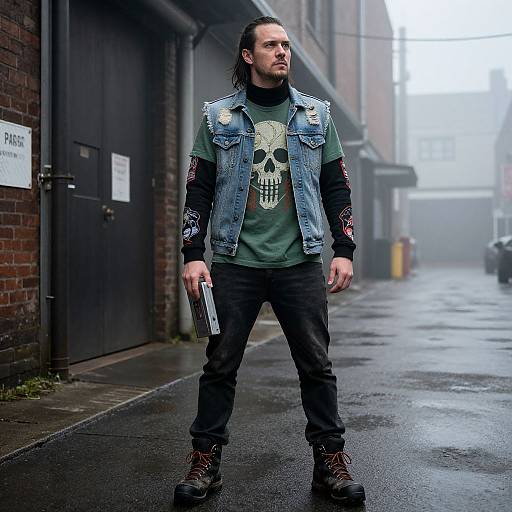 Photograph of a long-haired man in a denim skull vest, green shirt, black pants, holding a book, standing on a wet, foggy