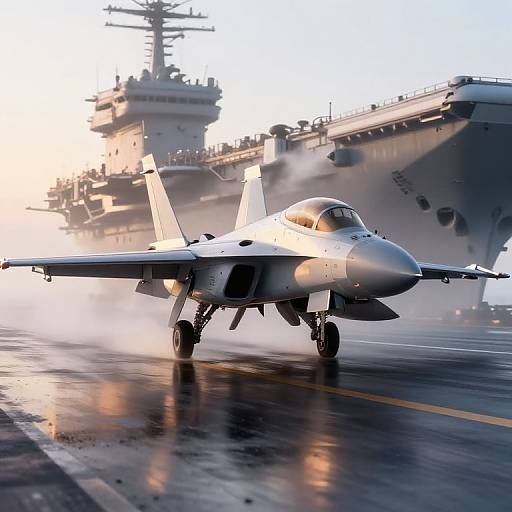 Photograph of a F/A-18 fighter jet taking off from a wet aircraft carrier deck, with a large aircraft carrier in the background at sunrise.