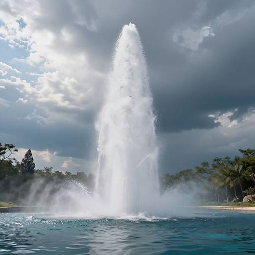 Photograph of a tall, powerful water fountain shooting up from a blue pool, surrounded by dark clouds, green trees, and a sandy shoreline, with