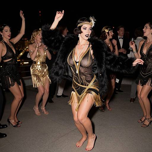 Photograph of a lively dance performance at night. Center: dark-haired woman in black sheer dress, fur coat, gold fringe, and headpiece,