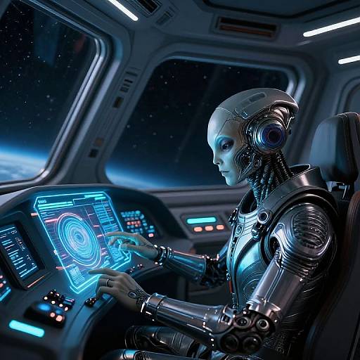 CGI image of a futuristic, silver robotic woman with a bald head, sitting in a spaceship cockpit, operating a holographic interface.