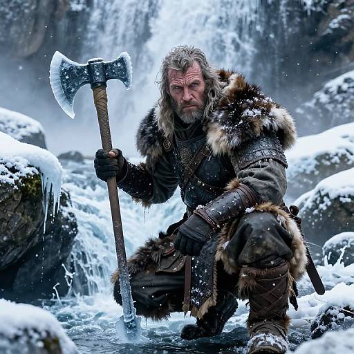 Nordic Ice Warrior Behind Frozen Waterfall